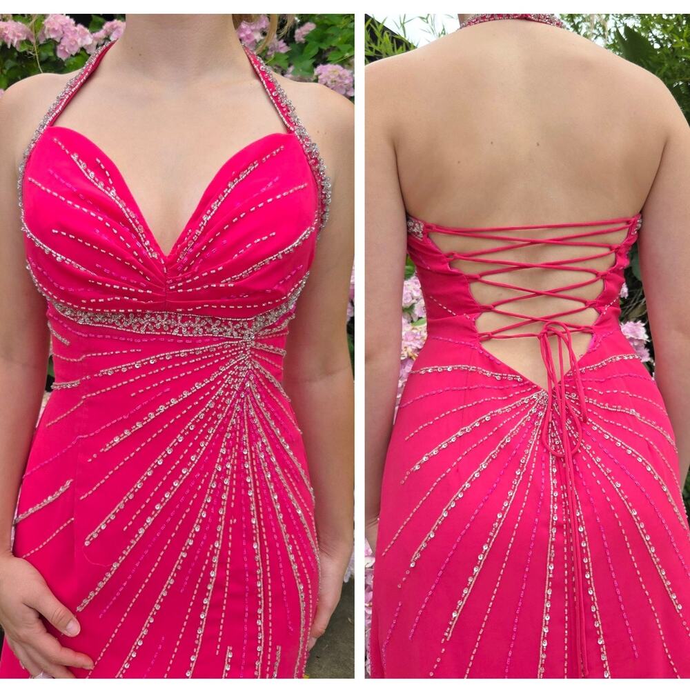 Vintage Y2K Prom Dress Size S Pink Beaded Lace Up Back Formal Halter Top